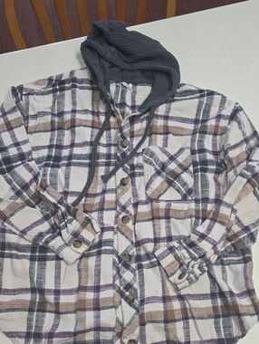 Mairices Plaid Hooded Button-Up Shirt Jacket - Cream, Purple, Brown Womens Xl